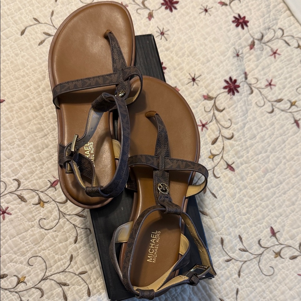 Michael Kors Brown Logo T-Strap Sandals with Gold Accent